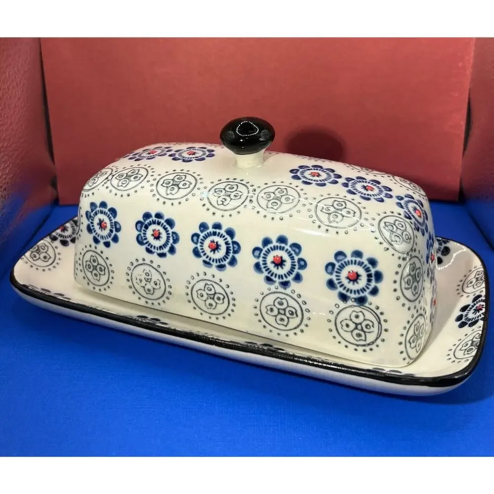 Royal Ceramic Butter Dish Blue & Cream Red Dots are Raised